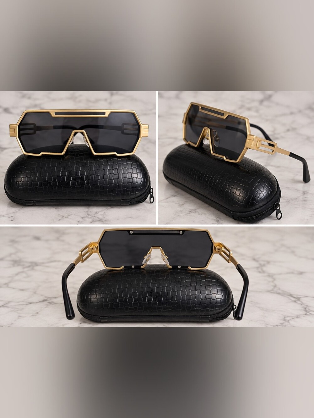 Futuristic Gold & Black Geometric Shield Sunglasses – Y2K Statement Shades